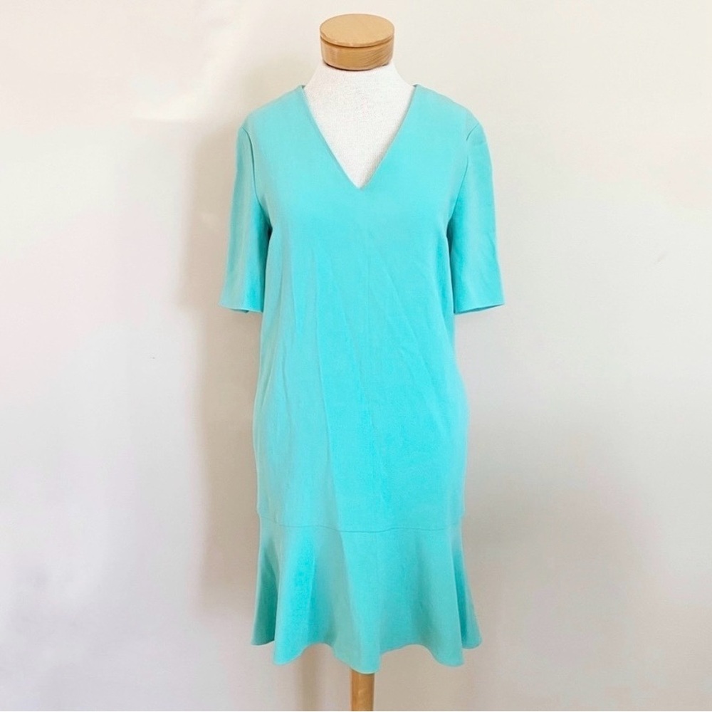 Stella McCartney Aqua Blue V Neck Ruffle Hem Dress Wedding Guest M